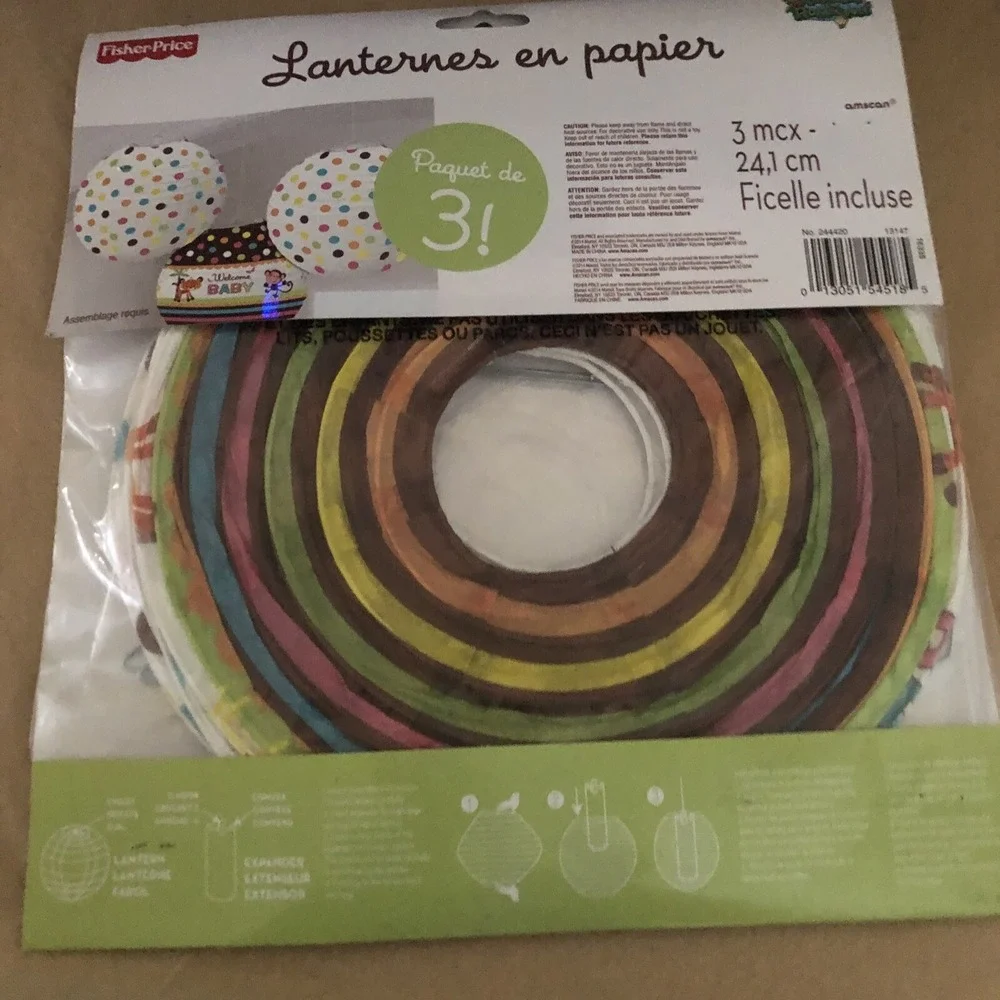 3 FISHER-PRICE Animals Rainforest PAPER LANTERNS Baby Shower Decor Monkey Lion